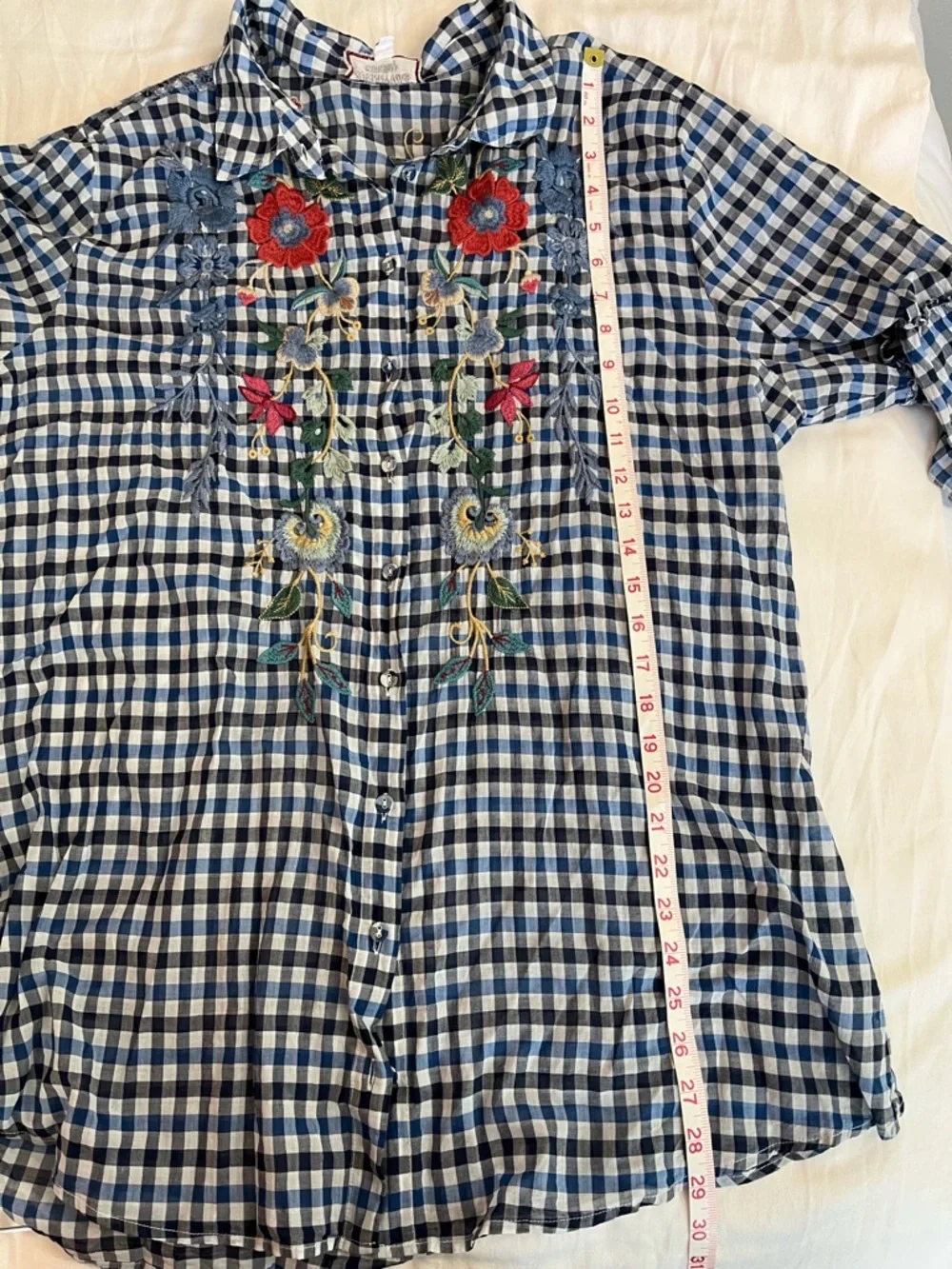 Johnny Was Blue Gingham Embroidered Peasant Tunic - Picture 10 of 12